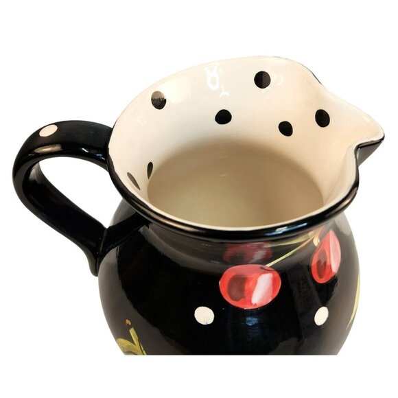 Tabletops Gallery Boulevard Hand Painted Black Ceramic Pitcher With Cherry & Pol - Picture 2 of 8